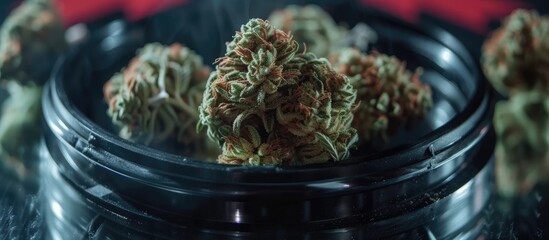 A close-up view of a marijuana plant enclosed in a glass jar. The plants leaves, stems, and buds are clearly visible, showing its vibrant green color and distinct features. The jar is sealed - obrazy, fototapety, plakaty