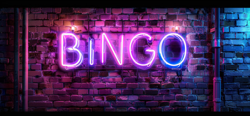 Bingo neon sign. purple and blue glow. neon text. Brick wall lit by neon lamps.