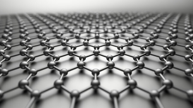 Close-up view of graphene sheet, illustrating its one-atom-thick layer of carbon atoms arranged in hexagonal lattice.