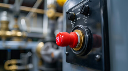 A bright red emergency shutoff button prominent on the side of the compressor for quick access.