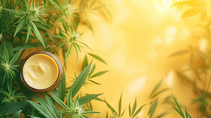 Hemp cosmetic cream with hemp leaves on yellow background, top view  - obrazy, fototapety, plakaty