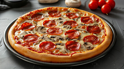 Pizza is a dish of Italian origin consisting of a usually round, flat base of leavened wheat-based dough topped with tomatoes, cheese, and often various other ingredients, dark background