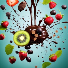 Realistic chocolate milk swirl with ripe fruits Choco drink