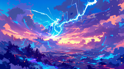 amazing lightning strike, anime background - obrazy, fototapety, plakaty