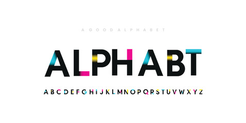 Colorful font. Colorful condensed alphabet and font. Condensed bold uppercase color letters. Type, typography letter latin font. Hand-drawn modern narrow font for headline, text. Vector Illustration - obrazy, fototapety, plakaty