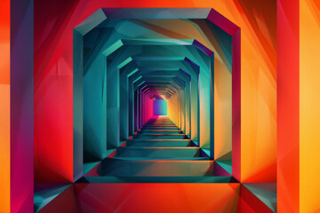 Vibrant geometric abstraction of a hallway - Abstract artwork portraying a long hallway using vivid geometric shapes, evoking a sense of depth and modernity