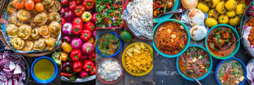Vibrant street food market in Thailand - This image captures an array of traditional Thai street foods delicately arranged in a bustling market setting, showcasing the country's rich culinary culture