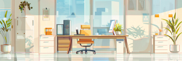 Sunny modern office illustration with no people - A bright contemporary office space illustrated in a clean and minimalist art style with plants and sunlight - obrazy, fototapety, plakaty