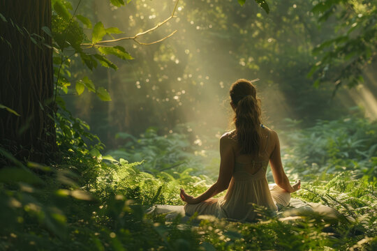 Serene woman practicing yoga in a tranquil forest clearing.