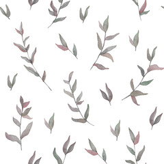 A pattern from an illustration of watercolor gray twigs with leaves. It was drawn by hand. - obrazy, fototapety, plakaty