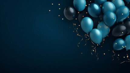 birthday party balloons, Celebration background with golden blue confetti and blue balloons on dark blue background. Banner	
