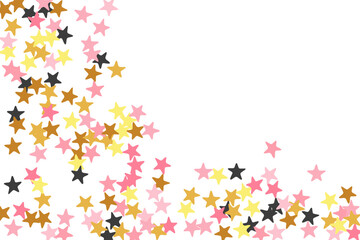 Premium black pink gold stars magic vector pattern. Many stardust spangles Noel decoration confetti. Cartoon stars magic wallpaper. Sparkle elements banner decor.