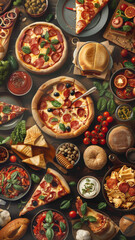 Top view of various delicious Italian dishes - Overhead shot of various Italian dishes like pizza and pasta with rich details and vibrant colors, depicting indulgence and Italian cuisine
