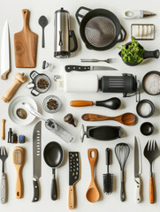 Top view of diverse kitchen utensils - An array of kitchen utensils neatly arranged, offering a broad range of tools for culinary tasks