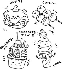hand drawn cute desserts and text for templates.