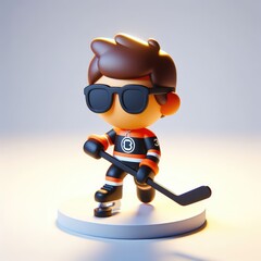 Hockey player in a dynamic pose and glasses. Colorful Cartoon Cute 3D character.