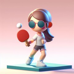 Ping pong player in a dynamic pose and glasses. Colorful Cartoon Cute 3D character.