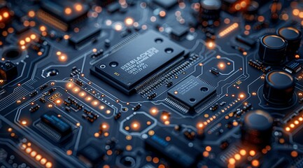 Fototapeta premium hardware chip isolated on black background electrical circuit board rendering abstract computer, neon-infused digitalism. Generative AI.