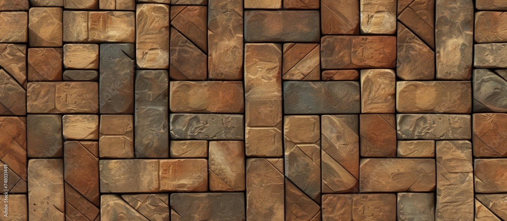 Poster a detailed view of a wall constructed entirely of uniform wood blocks, showcasing the texture and pa