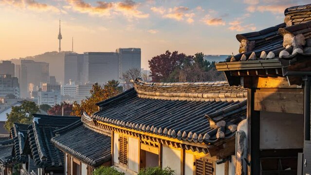 Seoul South Korea time lapse sunrise at Bukchon Hanok Village