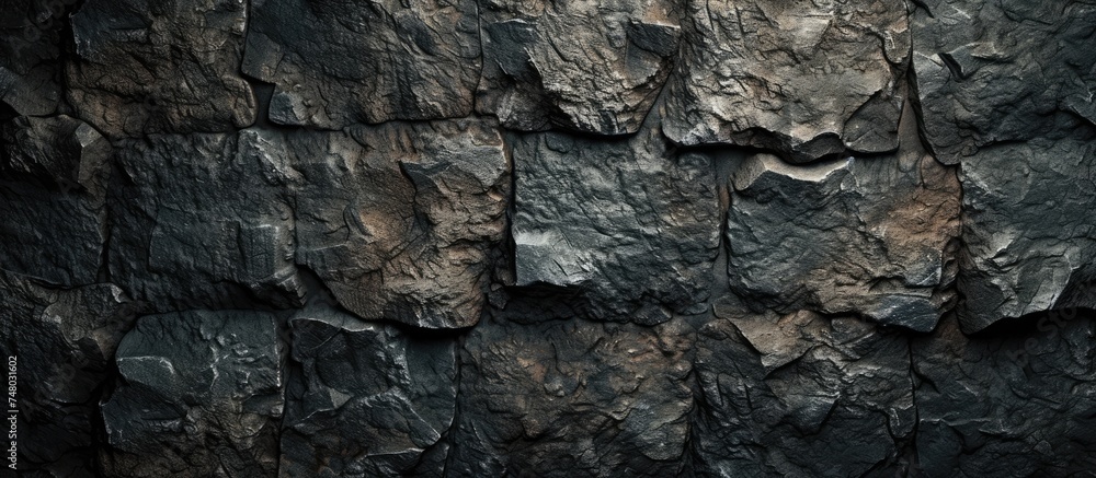 Poster a detailed look at a rocky wall with various textures and patterns set against a dark black backgrou
