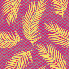 Fototapeta na wymiar Repeat tropical palm leaves vector pattern. Floral elements over waves texture