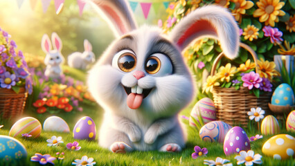 Cheerful Easter Bunny Enjoying Bright Spring Day. cute Easter bunny sits among painted eggs and blooming flowers on sunny day.