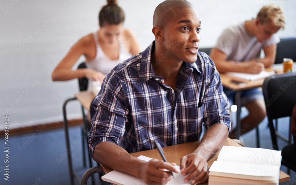 Sticker Black man, student and writing with book in classroom for studying, reading or summary at university. African male person or young academic writer with notebook for assignment, test or exam at campus