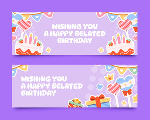 Naklejka premium Colorful flat birthday stickers horizontal banner set collection