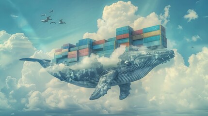 A depiction of grouped and stacked containers within a cloud whale, illustrating concepts related to transportation, computing development, DevOps - obrazy, fototapety, plakaty