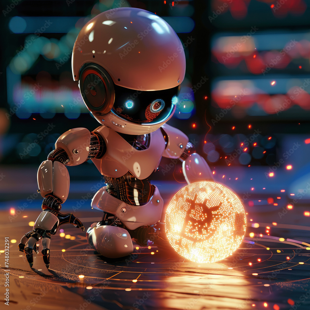Poster futuristic robot analyzing a bitcoin bomb on a digital table, holograms and codes, intense focus