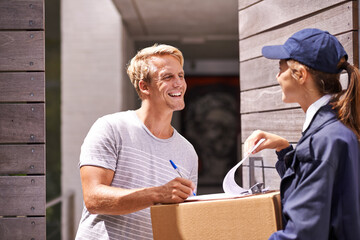 Delivery, courier and man sign documents, forms and application for package, parcel and box. Online...