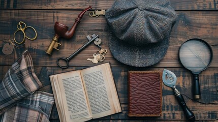 An overhead view of private detective tools on a wooden table background, including a deerstalker cap, old key and book, tobacco pipe, and vintage magnifying glass