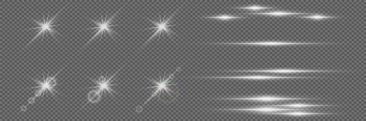 Collection of effects and flashes of white glitter. Light of lines, explosion of stars and glare, sparks of dust. On a transparent background.