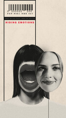Female face with open mask and mask with smiling happy face. Diversity in inner and outer self. Conceptual creative design. Concept of psychology of personality, inner world, hidden emotions