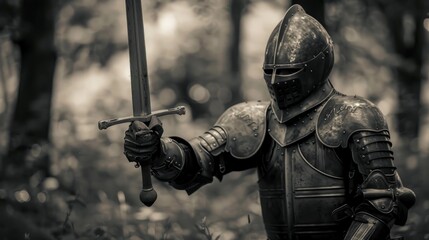 A black and white old-style photo featuring a medieval knight clad in armor, wielding a sword, evoking the atmosphere of battles or tournaments - obrazy, fototapety, plakaty