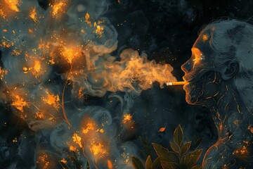 No Smoking poster, Burning cigarette, Leaves, Branches, Lung shapes, AI generated