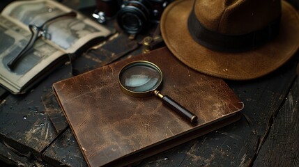 Fototapeta na wymiar A concept for a mysterious detective game featuring a notebook, hat, digital camera, and vintage magnifier arranged on a black table