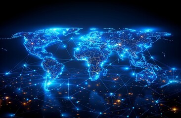 Fototapeta na wymiar blue network world map illustration, in the style of neon-lit urban. Generative AI.