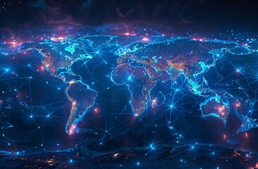 blue network world map illustration, in the style of neon-lit urban. Generative AI