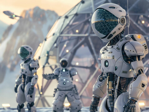 Humanoid robots laying the foundation of a space colony dome, spaceships delivering materials