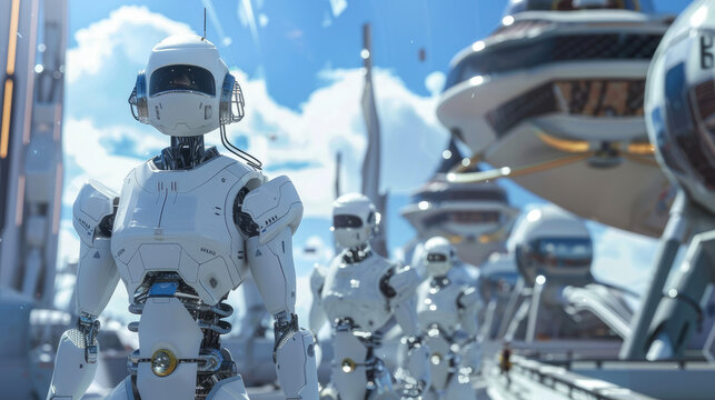 Humanoid robots leading construction of a futuristic spaceport, spaceships docked, high-tech ambiance