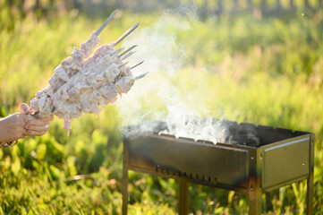 Pieces of fresh raw shish kebab, strung on skewers in female hands on the background of a barbecue...