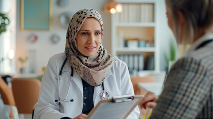 Médico con hiyab en su consulta - obrazy, fototapety, plakaty