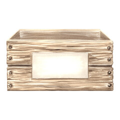 Wooden box with a sign. Watercolor illustration of rustic crate for carrying wine, food, flowers. Empty container. Isolated hand drawn template for card, farm markets, packaging, textile and sticker.