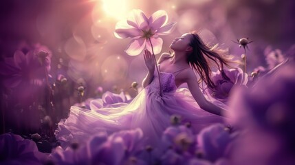 fairy stretching in large purple flower