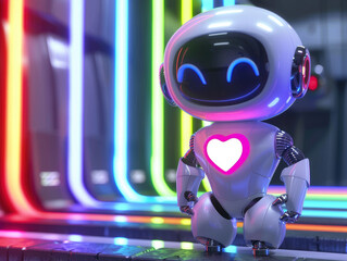 Little robot with a big heart, 3D cartoon in a future utopia, rainbow lasers