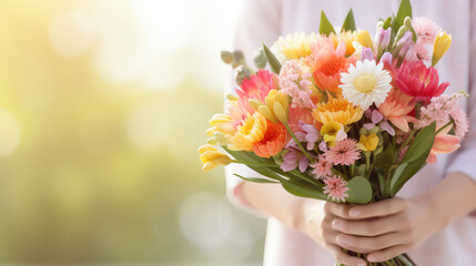 Bunch of flowers in woman's hands close up copy space