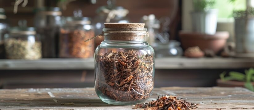 A glass jar is filled with dried herbs, specifically Roobios tea leaves, displayed on top of a wooden table. The herbs are neatly stored and ready for use.