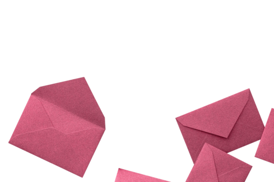 A decorative frame with a number of pretty pink envelopes with lame scattered around.